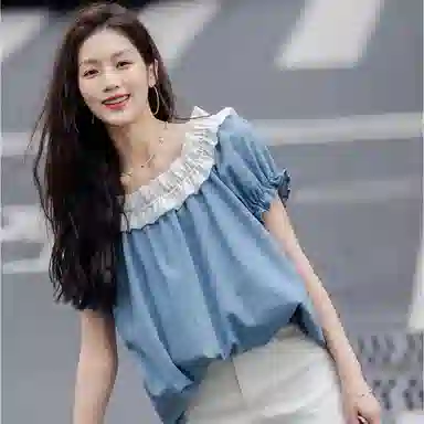 【dme】 拼接撞色一字领短袖衬衫 女款 蓝色