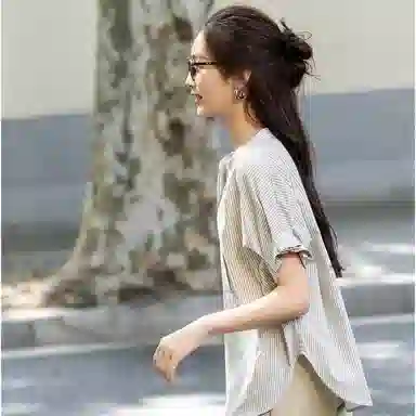 【dme】 宽松立领休闲短袖衬衫 女款 黑白条纹