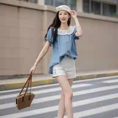 【dme】 拼接撞色一字领短袖衬衫 女款 蓝色