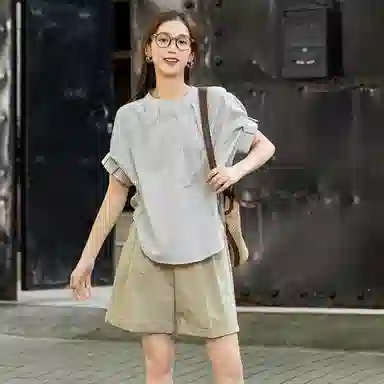 【dme】 宽松立领休闲短袖衬衫 女款 黑白条纹