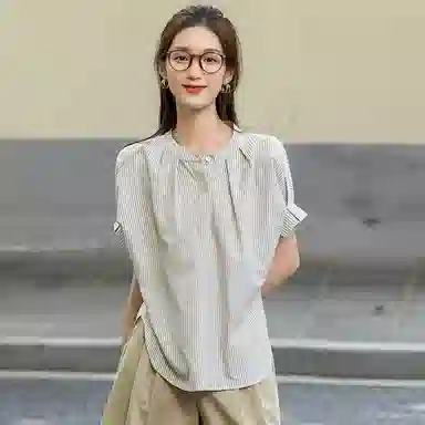 【dme】 宽松立领休闲短袖衬衫 女款 黑白条纹