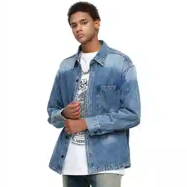 美式复古宽松水洗双口袋翻领大码牛仔外套 男款