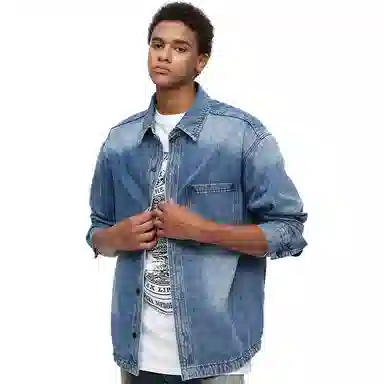 美式复古宽松水洗双口袋翻领大码牛仔外套 男款