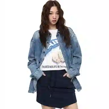 美式复古宽松水洗双口袋翻领大码牛仔外套 男款