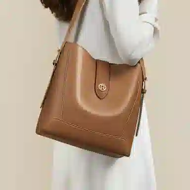 红蜻蜓 大容量休闲上班通勤 牛皮 水桶包斜挎单肩手提包 中号 女款 咖啡色