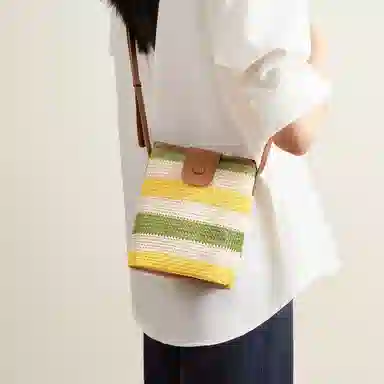 红蜻蜓 小众清新休闲出游度假撞色编织 织物拼合成革 编织小包 小号 女款 彩虹色