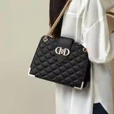 红蜻蜓 菱格时尚百搭金属链条通勤 牛皮 手提单肩包 常规 女款 黑色