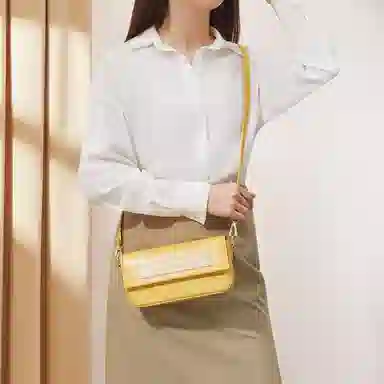 红蜻蜓 时尚印花设计 牛剖层皮革配超细纤维合成革 斜挎单肩包 女款 黄色/黑色