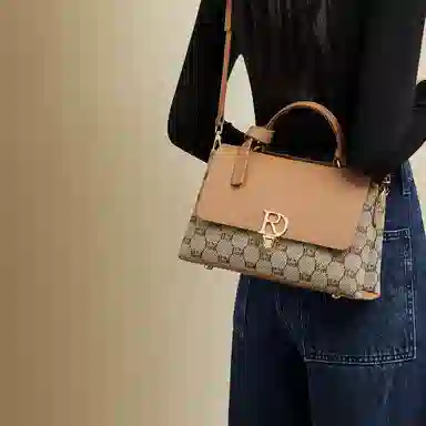 红蜻蜓 经典复古拼接简约高级感 字母小众设计百搭 织物 女包手提斜挎单肩包 春夏季 中号 女款 咖啡色/棕色