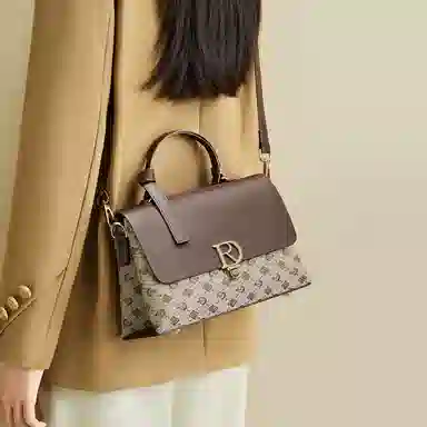 红蜻蜓 经典复古拼接简约高级感 字母小众设计百搭 织物 女包手提斜挎单肩包 春夏季 中号 女款 咖啡色/棕色