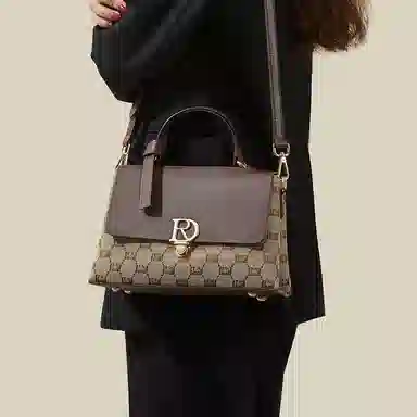 红蜻蜓 经典复古拼接简约高级感 字母小众设计百搭 织物 女包手提斜挎单肩包 春夏季 中号 女款 咖啡色/棕色