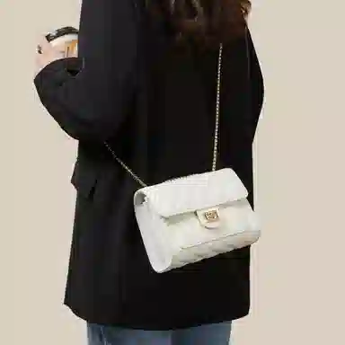 红蜻蜓 经典复古潮流时尚小众简约高级感通勤百搭菱格大容量 牛皮真皮 链条小方包斜挎单肩包 常规 女款 黑色/白色