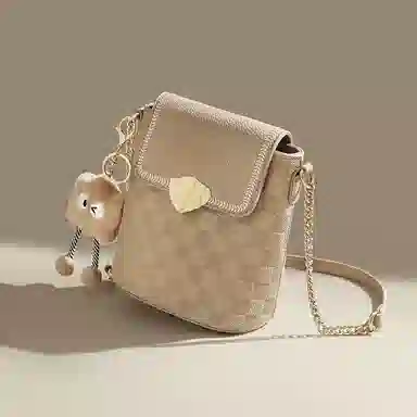 红蜻蜓 格子百搭休闲链条 牛皮拼合成革 单肩斜挎包 小号 女款 饼干杏色