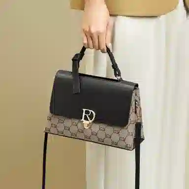 红蜻蜓 经典复古拼接简约高级感 字母小众设计百搭 织物 女包手提斜挎单肩包 春夏季 中号 女款 咖啡色/棕色