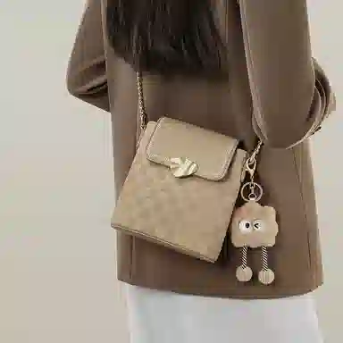 红蜻蜓 格子百搭休闲链条 牛皮拼合成革 单肩斜挎包 小号 女款 饼干杏色