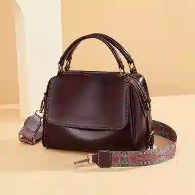 红蜻蜓 复古风简约设计高级感小众设计日常通勤 牛皮 单肩斜挎手提包 常规 女款 咖啡色/米白色