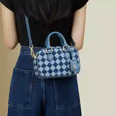 红蜻蜓 复古棋盘格 织物合成革 单肩包手提包 男女同款情侣款 牛仔蓝