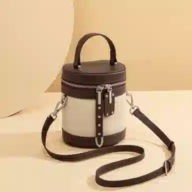 红蜻蜓 高颜值小众复古时尚简约设计感百搭高级质感 牛皮 水桶包单肩手提包 女款 米白色/棕色