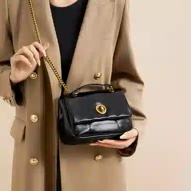 红蜻蜓 时尚小香风翻盖式链条包经典气质通勤高颜值手提斜挎腋下包 牛皮 单肩包 女款 黑色