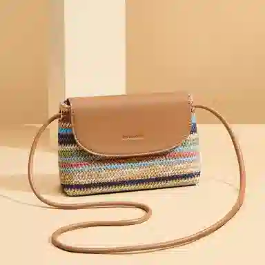 红蜻蜓 小众清新休闲出游度假撞色编织 织物拼合成革 编织小包 小号 女款 彩虹色