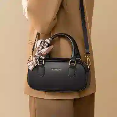 红蜻蜓 复古高级保龄球波士顿包潮流美拉德通勤百搭气质斜挎 牛剖层革 手提包 常规 男女同款情侣款 棕色/黑色