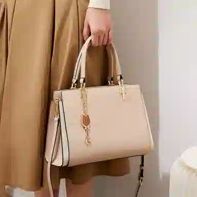 红蜻蜓 大容量通勤拉链开合 牛皮拼超纤合成革 单肩包斜挎包手提包 中号 女款 杏色