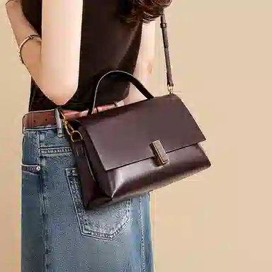 红蜻蜓 简约通勤百搭软皮美拉德风 牛皮拼合成革 单肩斜挎手提包 女款 摩卡棕/咖啡色