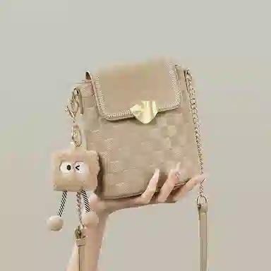 红蜻蜓 格子百搭休闲链条 牛皮拼合成革 单肩斜挎包 小号 女款 饼干杏色