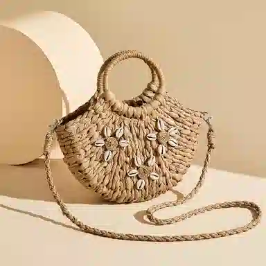 红蜻蜓 时尚复古百搭度假慵懒风简约 织物 手提包 女款 杏色/棕色