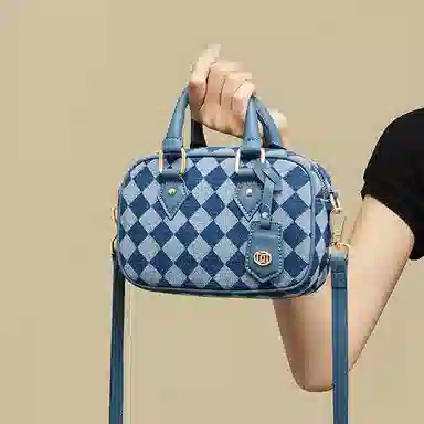 红蜻蜓 复古棋盘格 织物合成革 单肩包手提包 男女同款情侣款 牛仔蓝