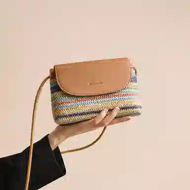 红蜻蜓 小众清新休闲出游度假撞色编织 织物拼合成革 编织小包 小号 女款 彩虹色