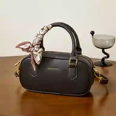 红蜻蜓 复古高级保龄球波士顿包潮流美拉德通勤百搭气质斜挎 牛剖层革 手提包 常规 男女同款情侣款 棕色/黑色