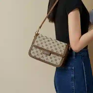 红蜻蜓 时尚小众百搭潮流高级感印花休闲感 织物拼超细纤维合成革 斜挎包 女款 咖啡色