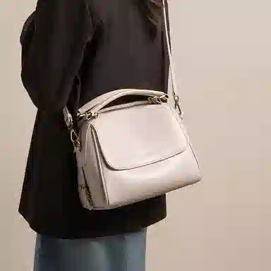 红蜻蜓 复古风简约设计高级感小众设计日常通勤 牛皮 单肩斜挎手提包 常规 女款 咖啡色/米白色