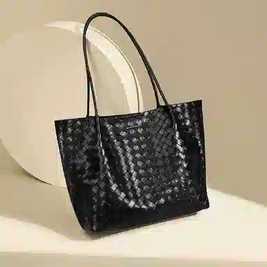 红蜻蜓 高级感百搭轻便编织通勤 牛剖层皮革 托特包单肩包 女款 经典黑