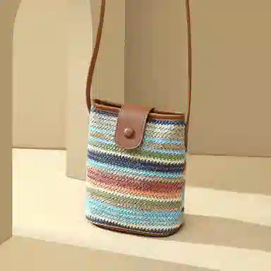 红蜻蜓 小众清新休闲出游度假撞色编织 织物拼合成革 编织小包 小号 女款 彩虹色