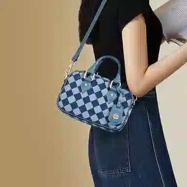 红蜻蜓 复古棋盘格 织物合成革 单肩包手提包 男女同款情侣款 牛仔蓝