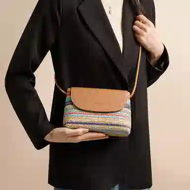 红蜻蜓 小众清新休闲出游度假撞色编织 织物拼合成革 编织小包 小号 女款 彩虹色