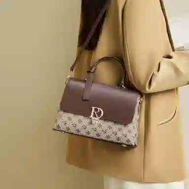 红蜻蜓 经典复古拼接简约高级感 字母小众设计百搭 织物 女包手提斜挎单肩包 春夏季 中号 女款 咖啡色/棕色