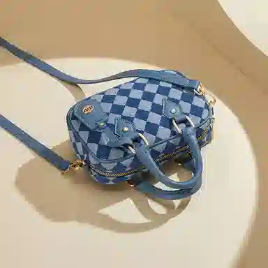 红蜻蜓 复古棋盘格 织物合成革 单肩包手提包 男女同款情侣款 牛仔蓝