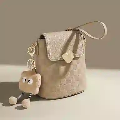 红蜻蜓 格子百搭休闲链条 牛皮拼合成革 单肩斜挎包 小号 女款 饼干杏色