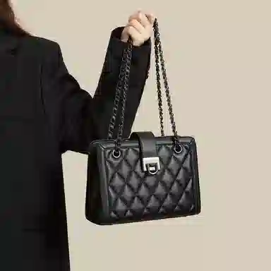 红蜻蜓 轻奢小众设计小香风高级感菱格金属双链条 牛皮 单肩包腋下包斜挎包 常规 女款 黑色