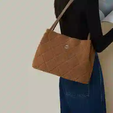 红蜻蜓 简约慵懒休闲羊羔毛 超细纤维合成革 手提包单肩包 女款 咖啡色/奶茶色