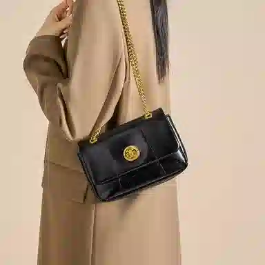 红蜻蜓 时尚小香风翻盖式链条包经典气质通勤高颜值手提斜挎腋下包 牛皮 单肩包 女款 黑色