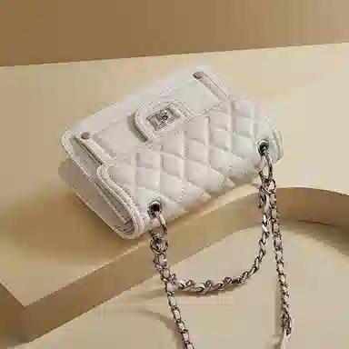 红蜻蜓 链条菱格 头层小牛皮 单肩手提包 中号 男女同款情侣款 米白色