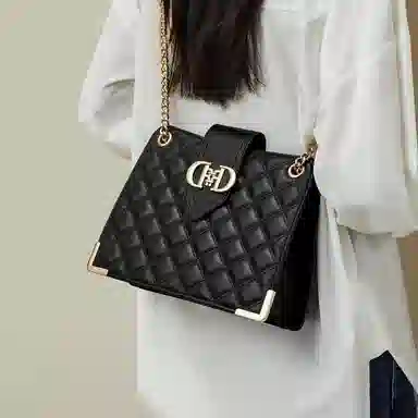 红蜻蜓 菱格时尚百搭金属链条通勤 牛皮 手提单肩包 常规 女款 黑色