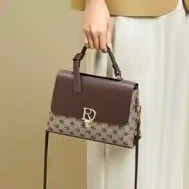 红蜻蜓 经典复古拼接简约高级感 字母小众设计百搭 织物 女包手提斜挎单肩包 春夏季 中号 女款 咖啡色/棕色