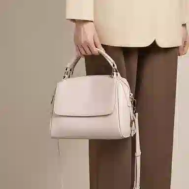 红蜻蜓 复古风简约设计高级感小众设计日常通勤 牛皮 单肩斜挎手提包 常规 女款 咖啡色/米白色