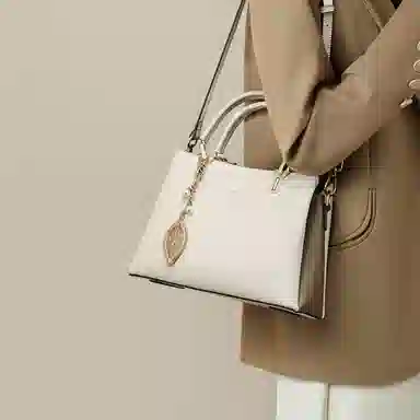 红蜻蜓 时尚百搭树叶吊饰小众拼接撞色 牛皮/超细纤维合成革 手提包斜挎包 女款 米白色