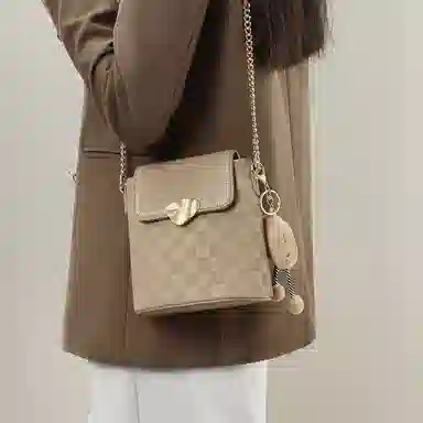 红蜻蜓 格子百搭休闲链条 牛皮拼合成革 单肩斜挎包 小号 女款 饼干杏色